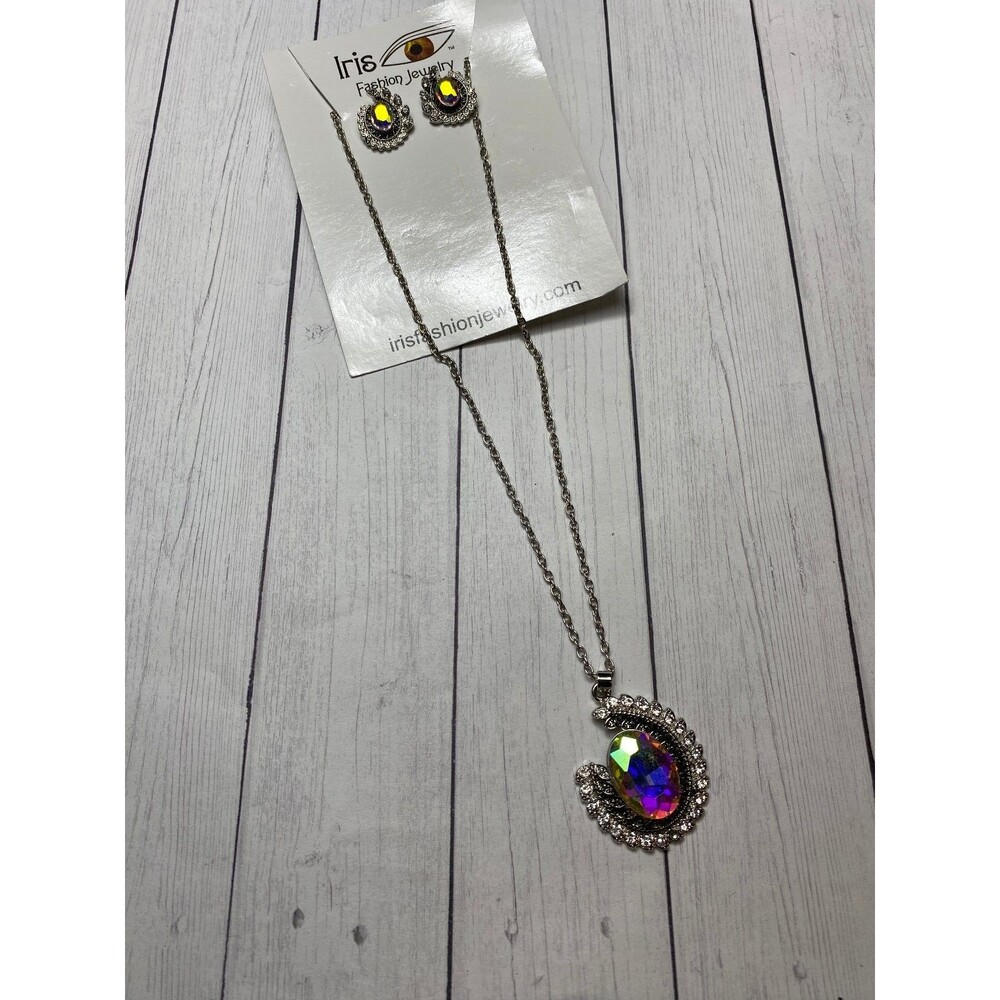 Iris Necklace and Earrings Set Silver Tone Aurora Borealis Crystals